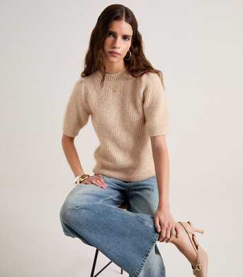 Premium with Mohair Oatmeal Ribbed Knit Short Sleeve Top