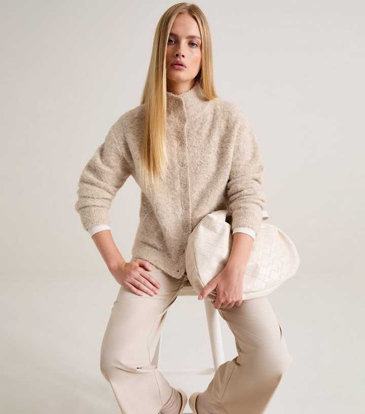 Premium with Wool Light Mink Funnel Neck Knitted Cardigan 