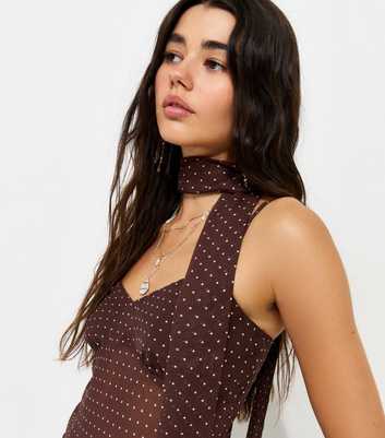Brown Semi Sheer Spot Print Scarf Cami Top