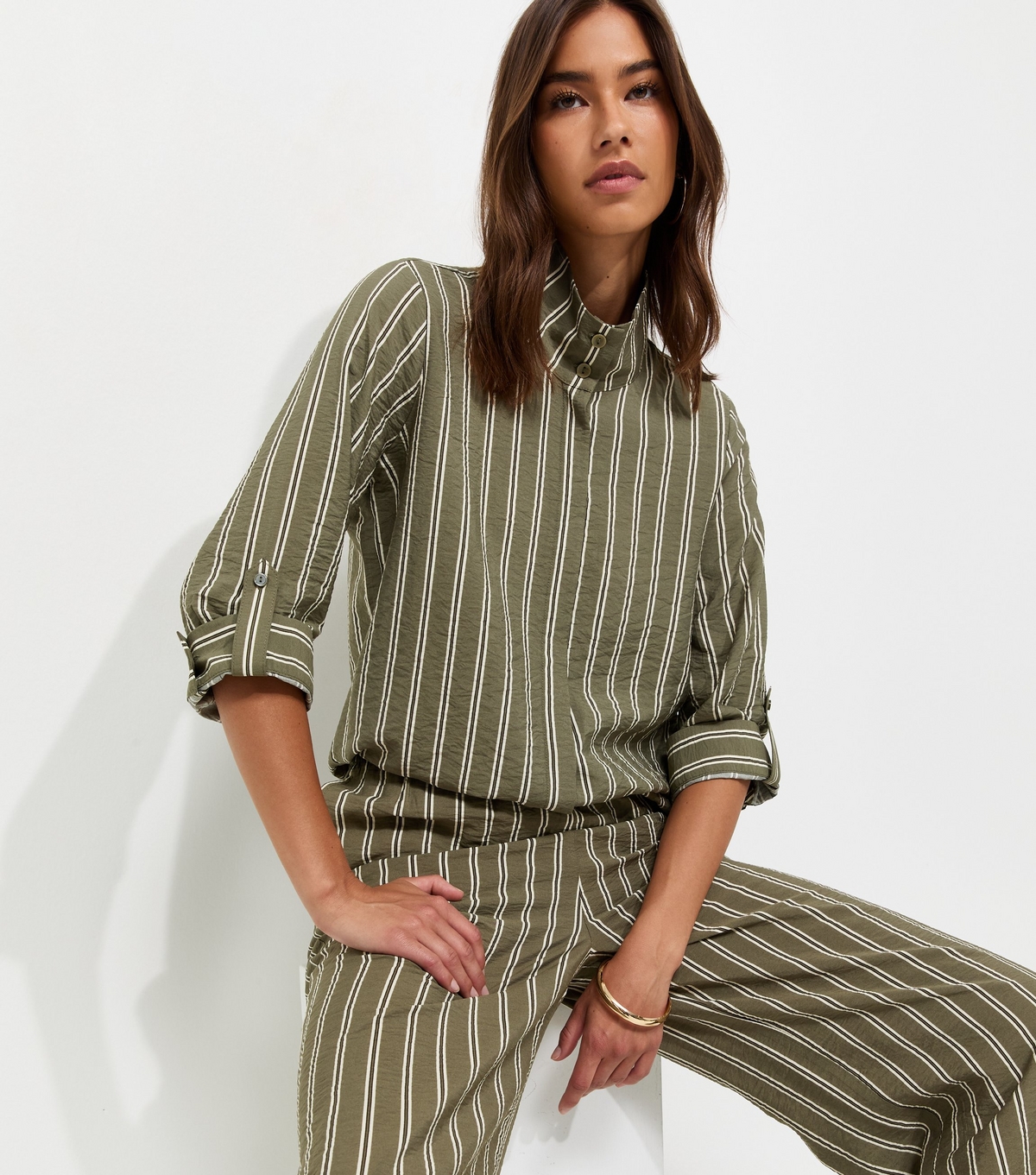 Women's Green Striped High Neck Bubble Hem Shirt New Look