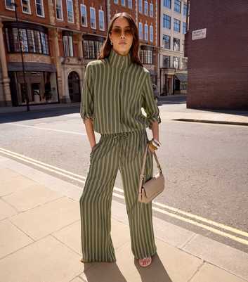 Green Striped High Neck Bubble Hem Shirt