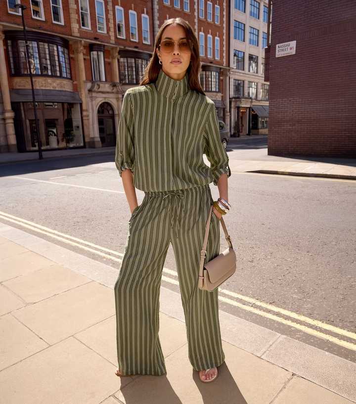 Green Striped High Neck Bubble Hem Shirt