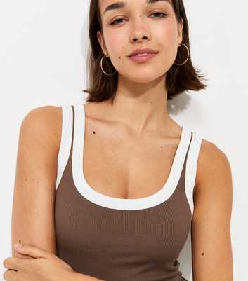 Brown Contrast Trim Scoop Neck Vest Top