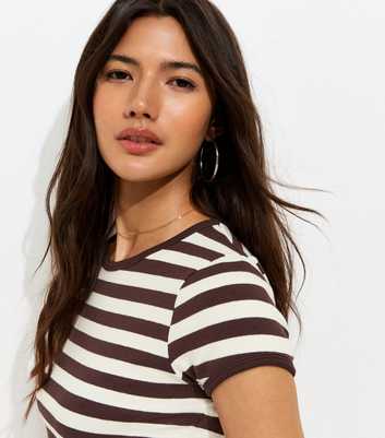 Brown Cotton Rich Striped Contrast Trim Ringer T-Shirt