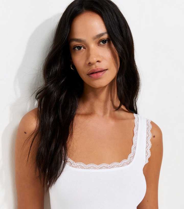 White Cotton Rich Lace Trim Square Neck Vest