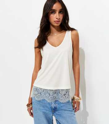 Off White Lace Trim Relaxed V-Neck Vest