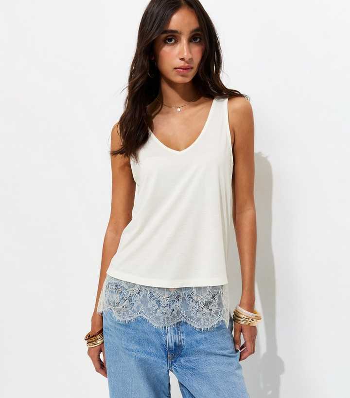 Off White Lace Trim Relaxed V-Neck Vest