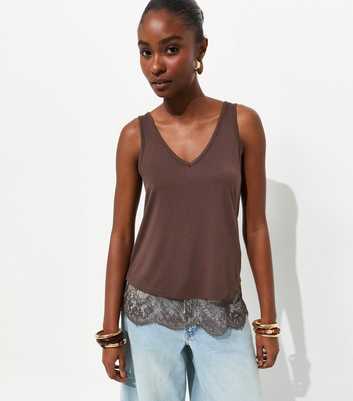 Brown Lace Trim Relaxed V-Neck Vest