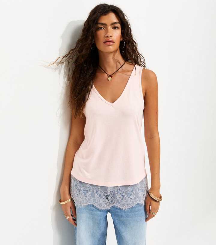 Light Pink Lace Trim Relaxed V-Neck Vest