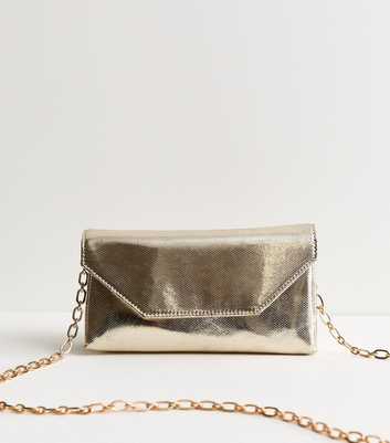 Gold Faux Leather Lizard Embossed Shoulder Bag
