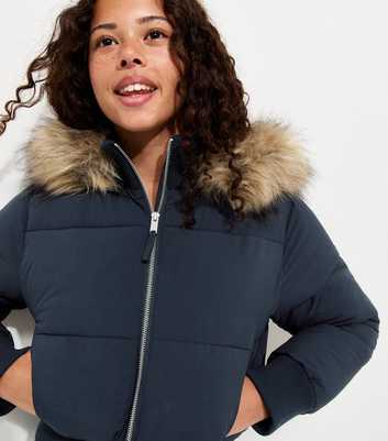 Girls Navy Faux Fur Hood Puffer Jacket