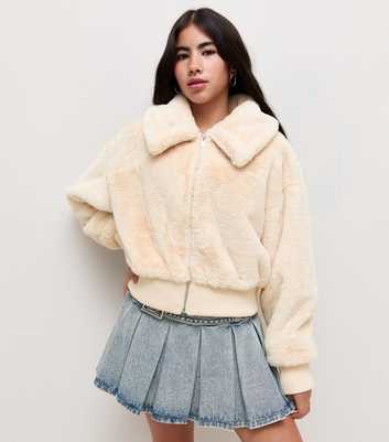 Girls Off White Faux Fur Zip Through Jacket