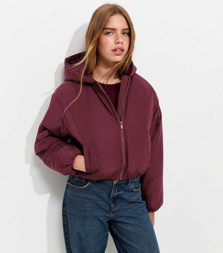 Girls Dark Burgundy Padded Hooded Jacket