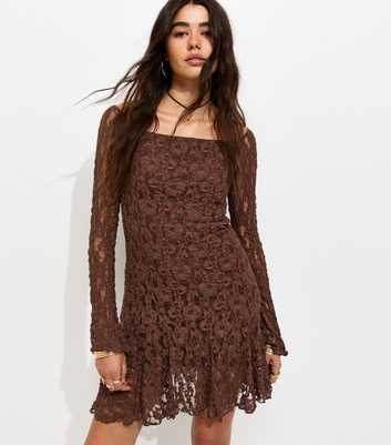 Dark Brown Asymmetric Dropped Waist Long Sleeve Lace Mini Dress