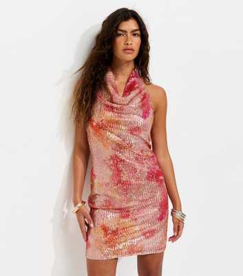 Pink Sequin Embellished Patterened Cowl Neck Mini