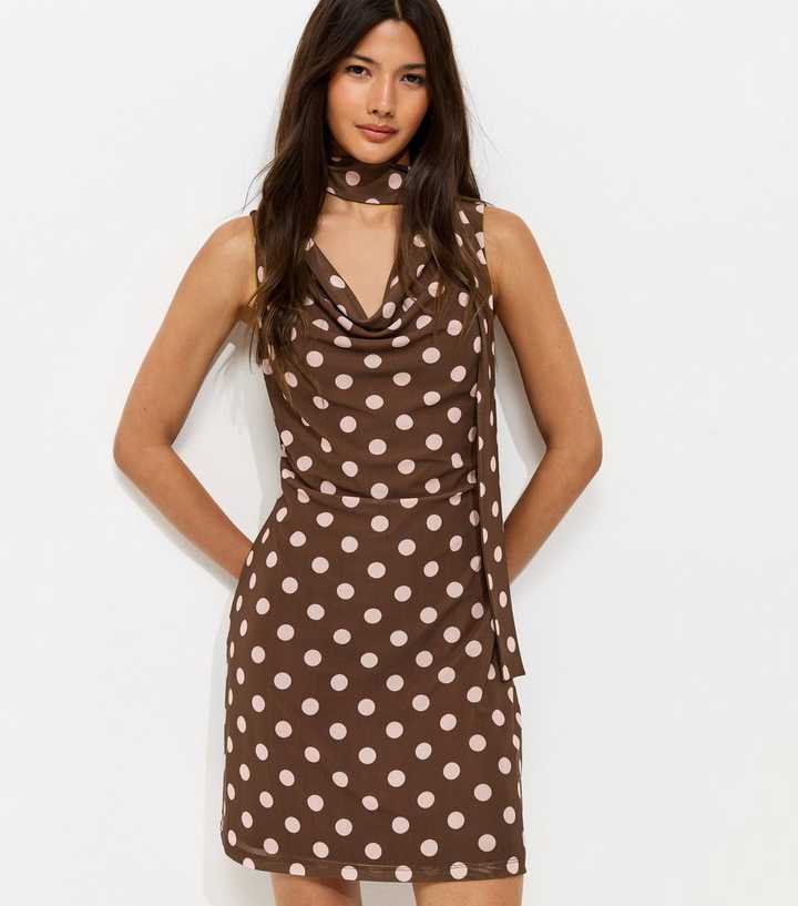Brown Polka Dot Cowl Neck Mesh Mini Dress