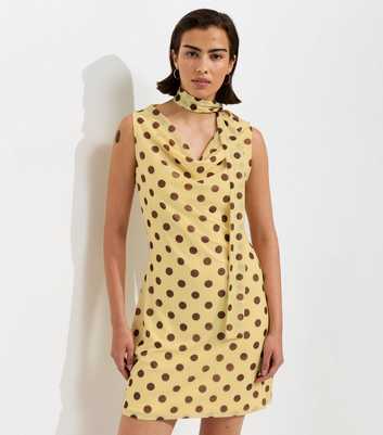 Yellow Polka Dot Cowl Neck Mesh Mini Dress