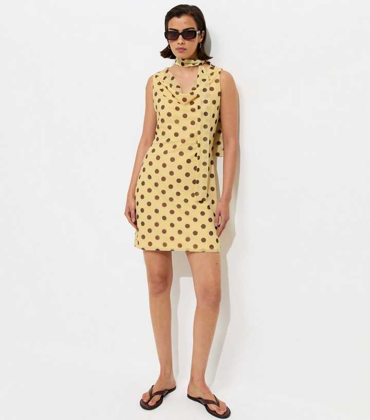 Yellow Polka Dot Cowl Neck Mesh Mini Dress | New Look Yellow Polka Dot Cowl Neck Mesh Mini Dress | New Look