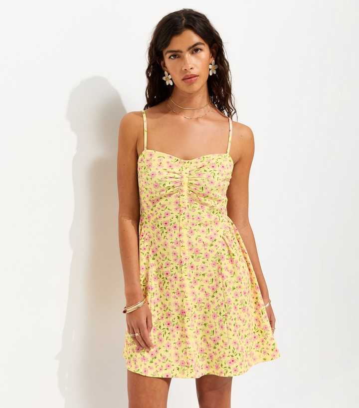 Yellow Crinkle Texture Strappy Floral Print Ruched Mini Dress
