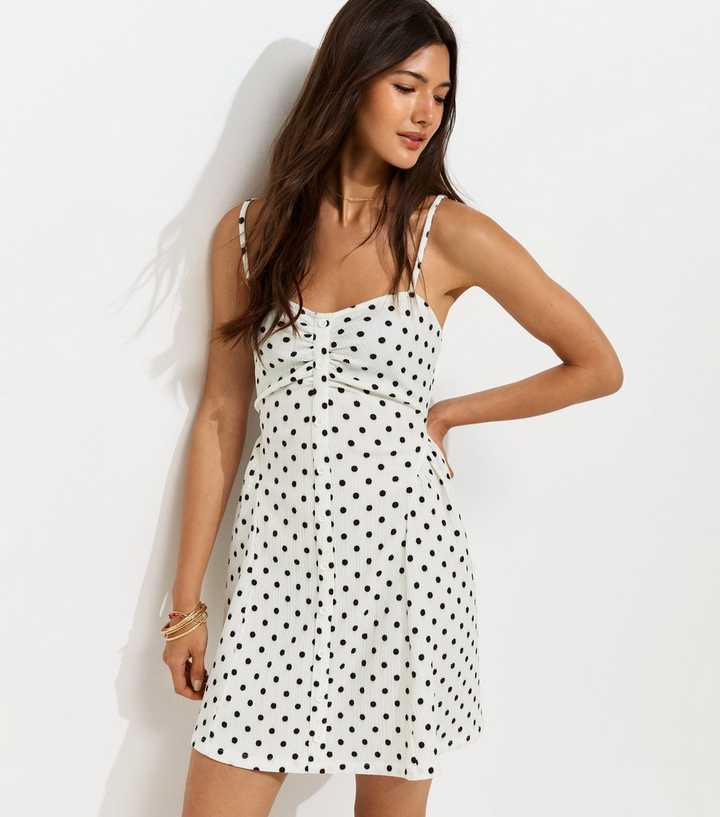 Cream Crinkle Texture Spot Print Ruched Mini Dress