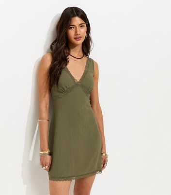 Dark Khaki Crinkle Texture V-Neck Lace Trim Mini Dress
