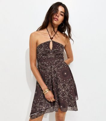 Brown Bead Detail Paisley Print Handkerchief Hem Mini Dress | New Look