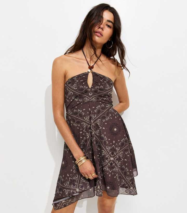 Brown Bead Detail Paisley Print Handkerchief Hem Mini Dress