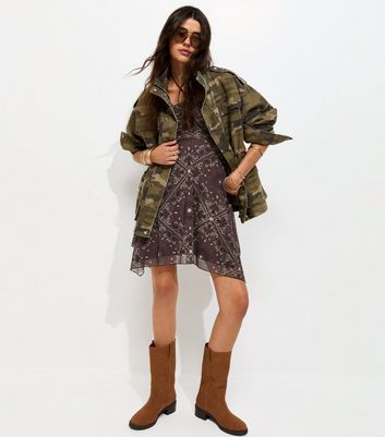Brown Bead Detail Paisley Print Handkerchief Hem Mini Dress | New Look