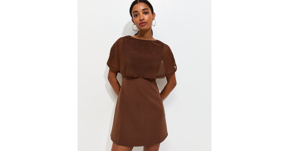 Dark Brown Mesh Cape Mini Dress