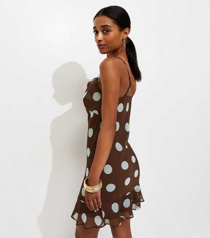 Dark Brown Chiffon Polka Dot Mini Dress | New Look Dark Brown Chiffon Polka Dot Mini Dress | New Look