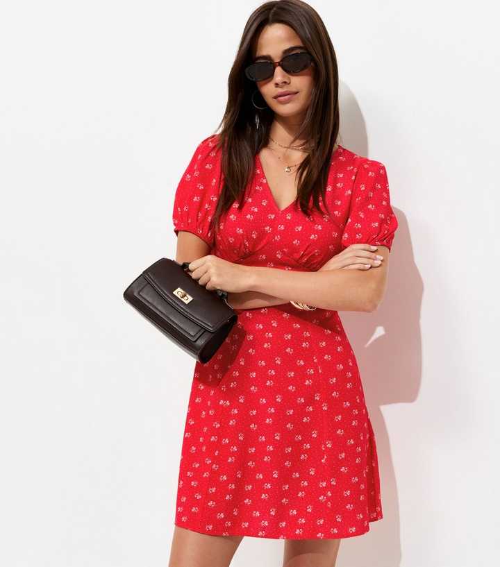 Red Floral Short Sleeve Mini Dress
