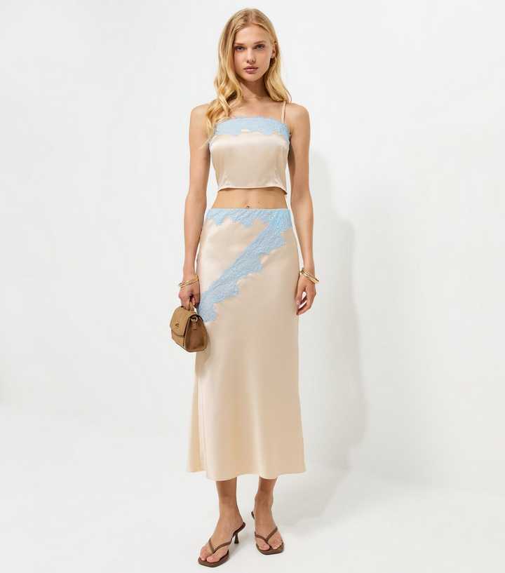 Mink Satin Contrast Waist Lace Midi Skirt