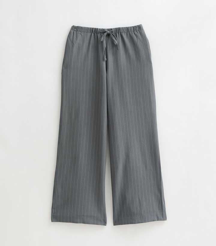 Petite Grey Woven Pinstripe Wide Leg Tailored Trousers