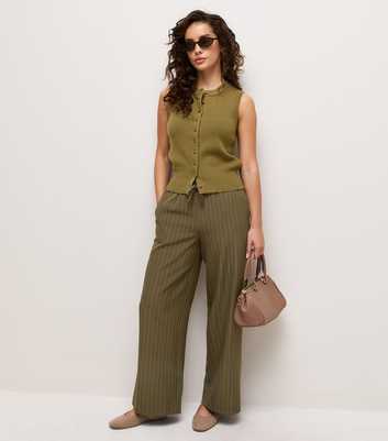 Petite Green Woven Pinstripe Wide Leg Tailored Trousers