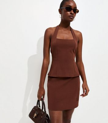 Dark Brown Halterneck Peplum Mini Dress | New Look