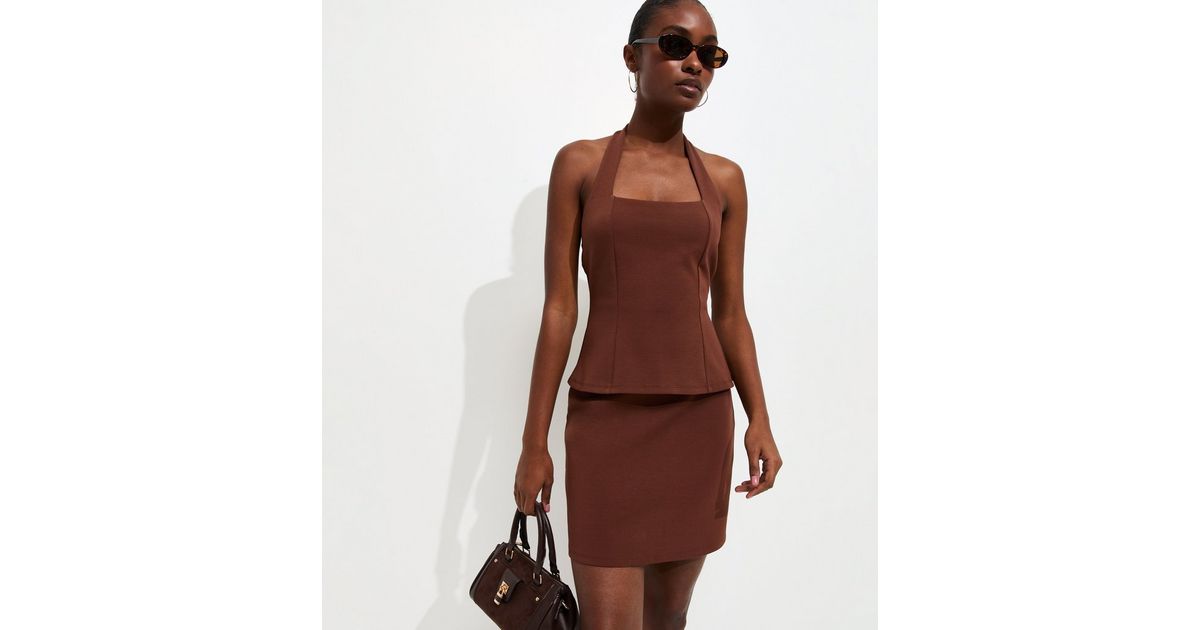 Dark Brown Halterneck Peplum Mini Dress