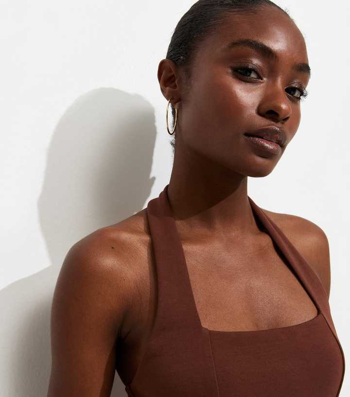 Dark Brown Halterneck Peplum Mini Dress | New Look Dark Brown Halterneck Peplum Mini Dress | New Look
