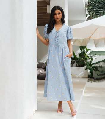 Gini London Light Blue Floral Embroidered Puff Sleeve Midi Dress