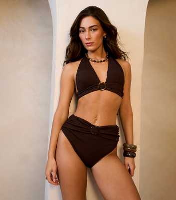 Gini London Dark Brown Ribbed Halterneck Bikini Top