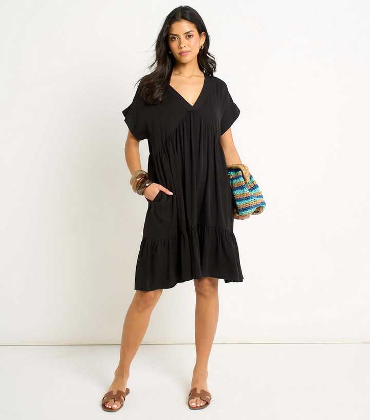Gini London Black V Neck Tiered Smock Dress