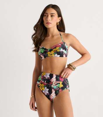 Gini London Multicolour Floral Print Ruched Panel Bikini Bottoms