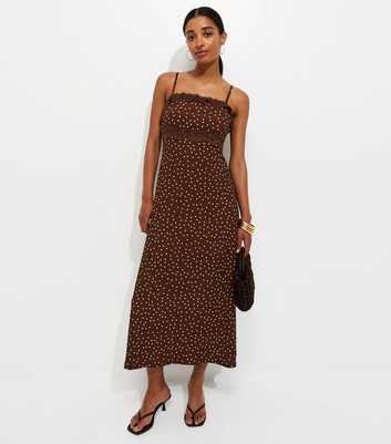 Brown Crinkle Texture Polka Dot Lace Trim Strappy Midi Dress