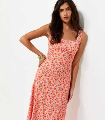 Pink Floral Square Neck Lace Trim Midi Dress