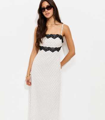 White Crinkled Polka Dot Lace Trim Strappy Midi Dress