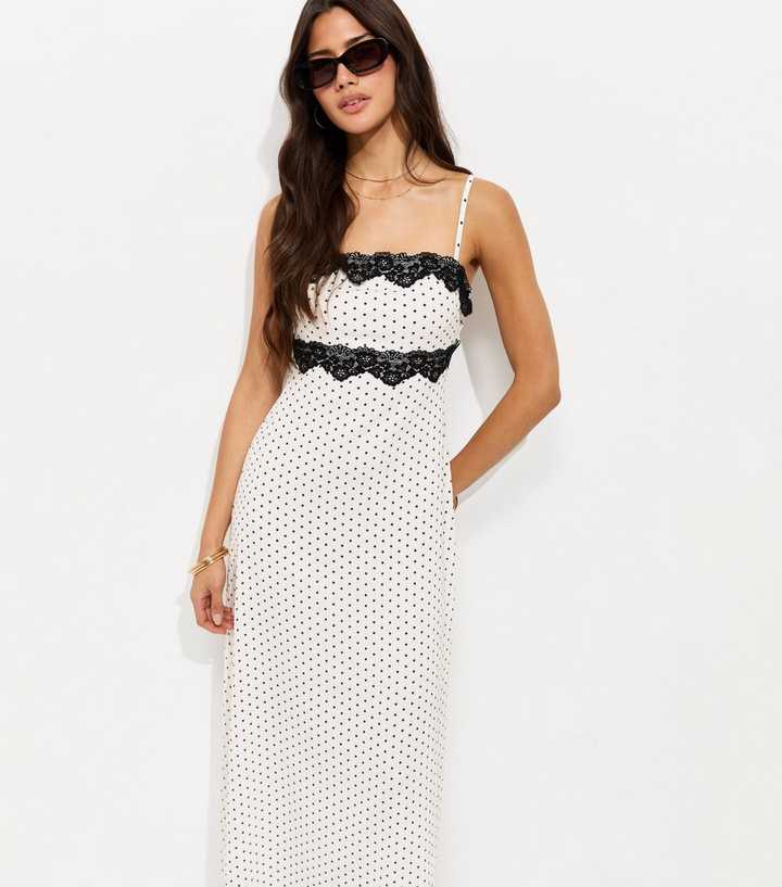 White Crinkled Polka Dot Lace Trim Strappy Midi Dress