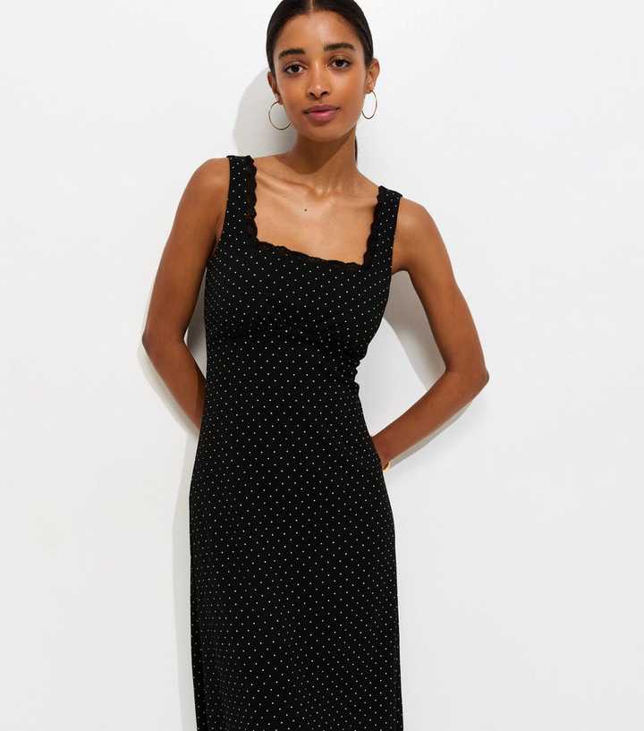 Black Crinkle Texture Polka Dot Print Square Neck Lace Trim Midi Dress