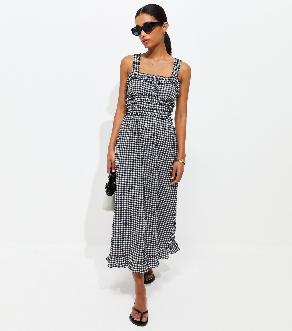 Women's Black Crinkle Texture Frill Trim Gingham Midi Dress New Look