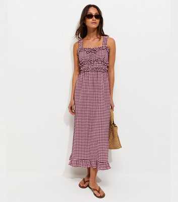 Pink Crinkle Texture Frill Trim Gingham Midi Dress