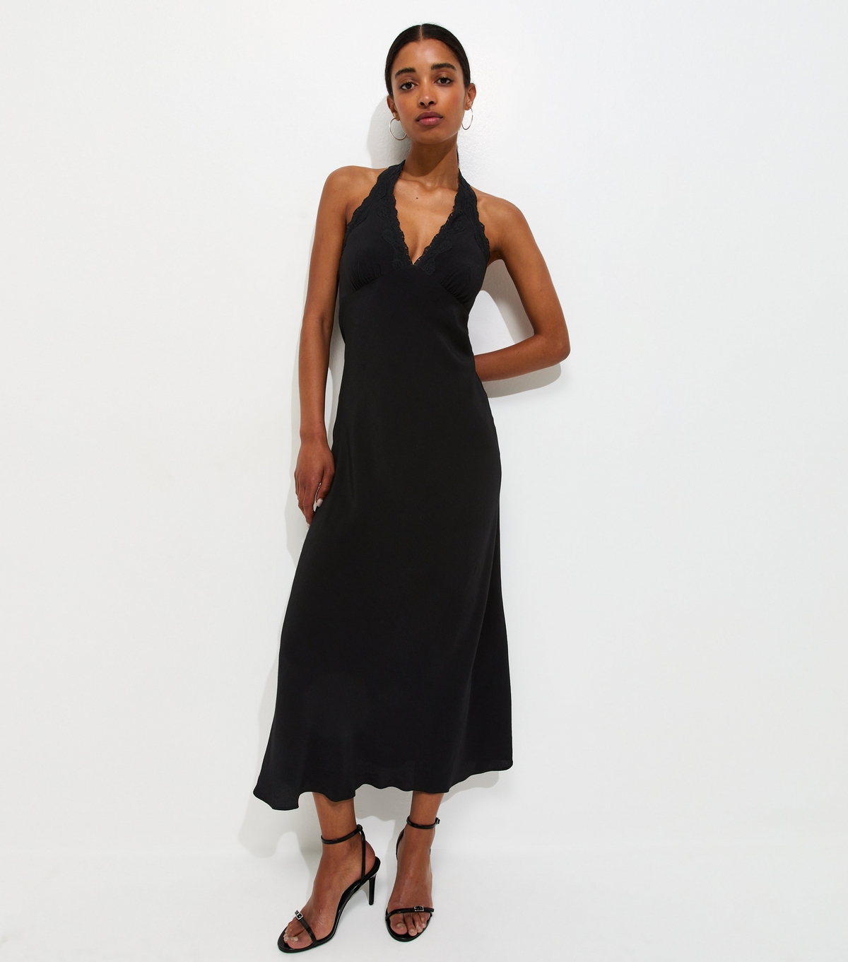 Women's Black Halterneck Lace Trim Midi Dress New Look