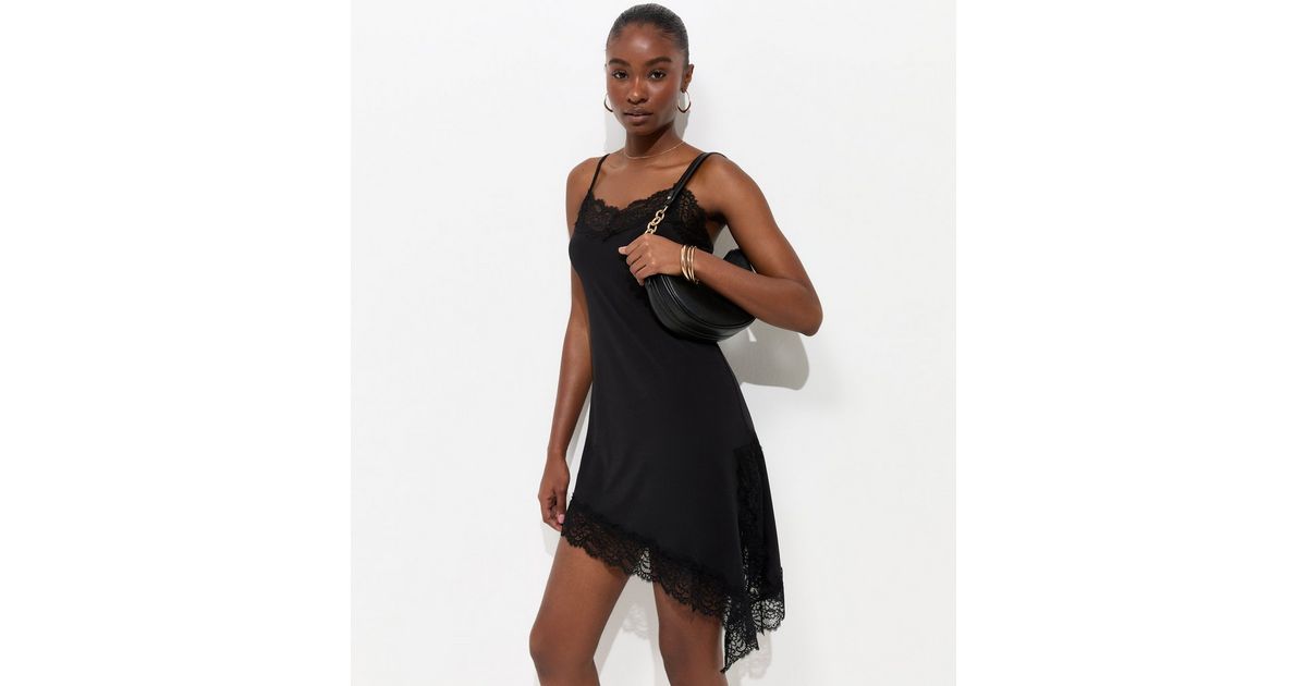 Black Jersey Lace Trim Asymmetric Hem Cami Mini Dress